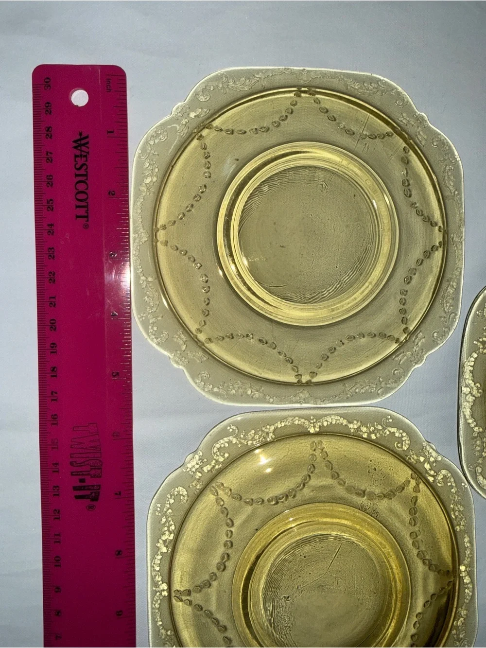 Vintage Amber Depression Glass Square Saucers Set of 3 Etched